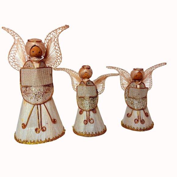 Folk Art Straw Angel Choir Figurines Set Vintage Raffia Christmas Angels Decor - Picture 5 of 11
